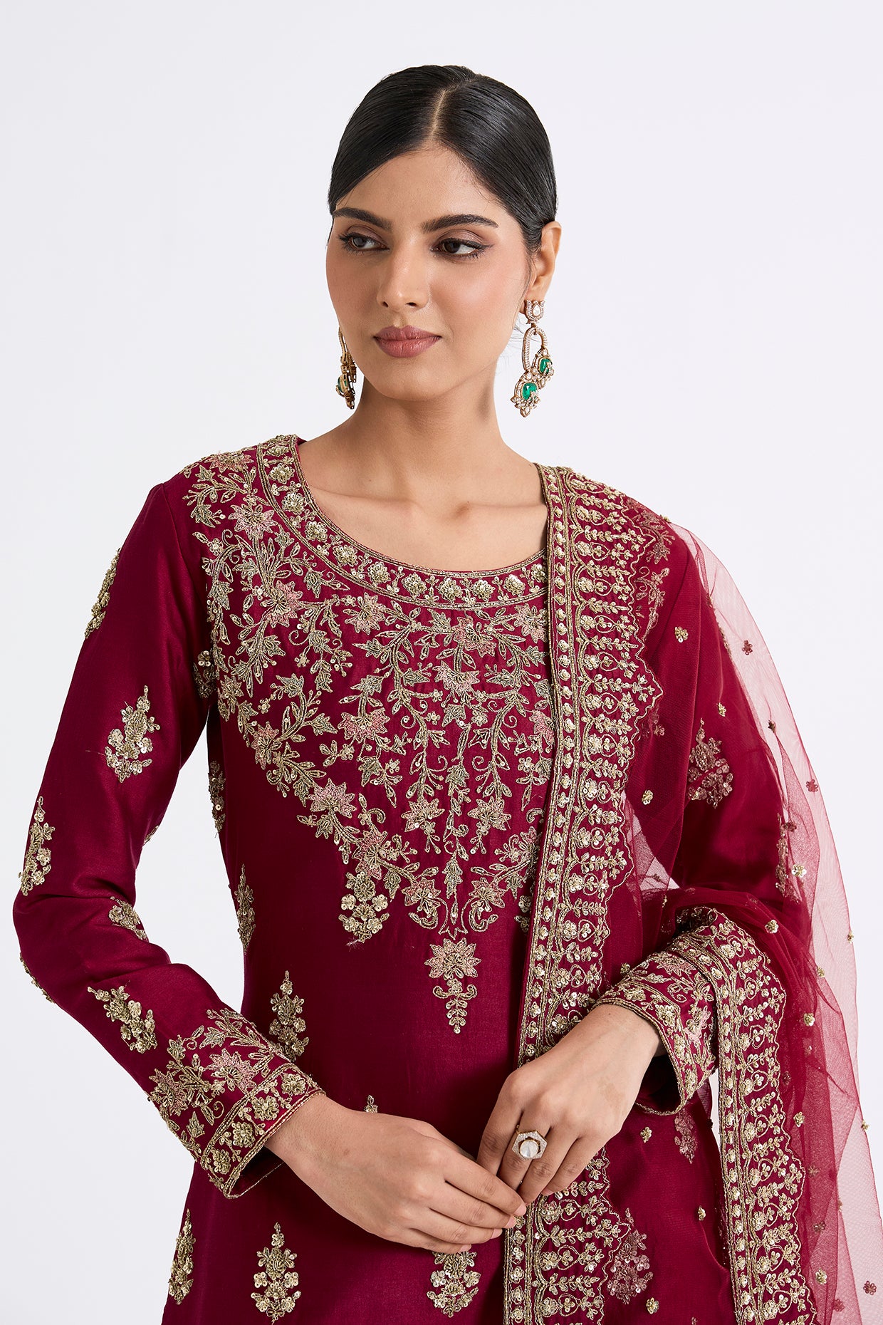 wine chanderi silk zardosi embroidered sharara set