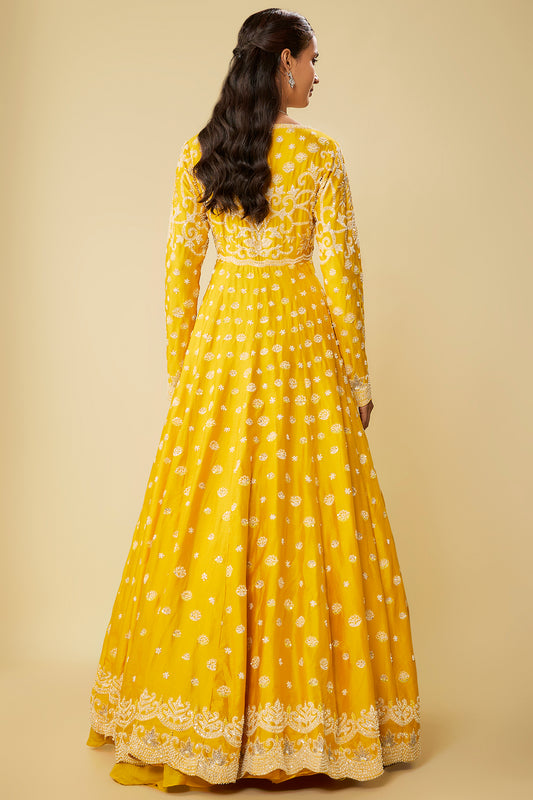 mustard chanderi jacket lehenga set
