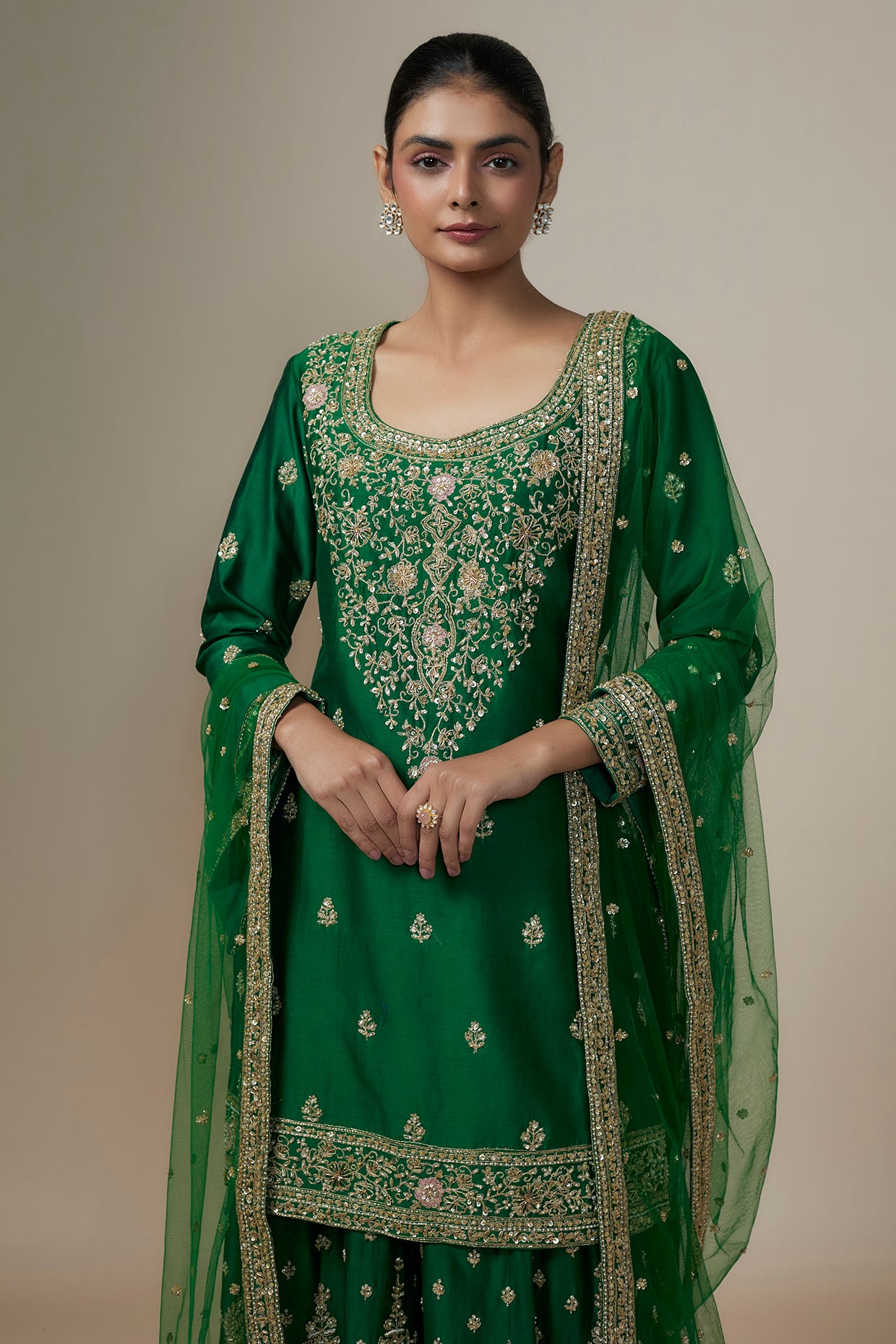 bottle green chanderi silk aari & zardosi embroidered sharara set