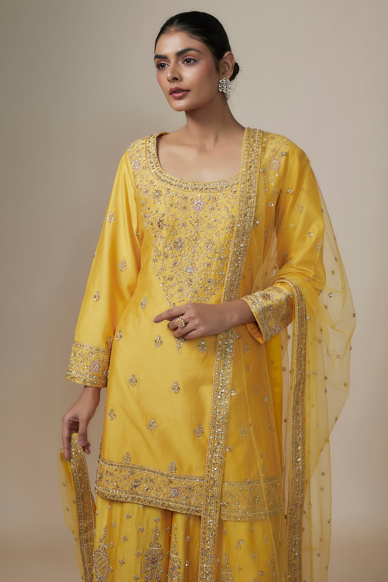 mustard chanderi silk aari & zardosi embroidered sharara set