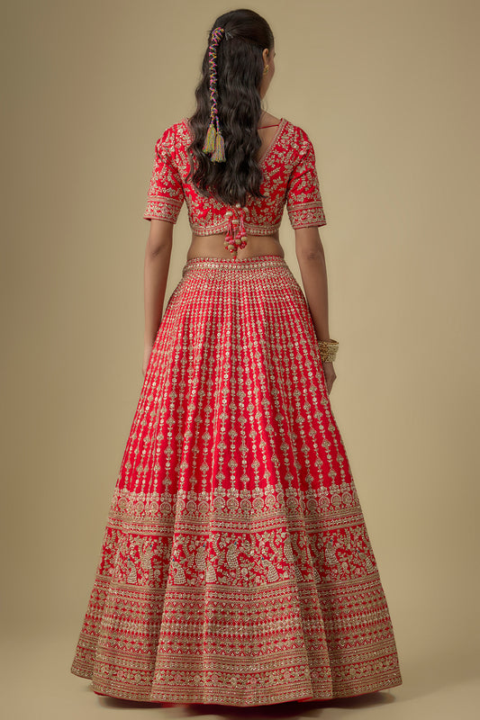red raw silk zardosi embroidered lehenga set