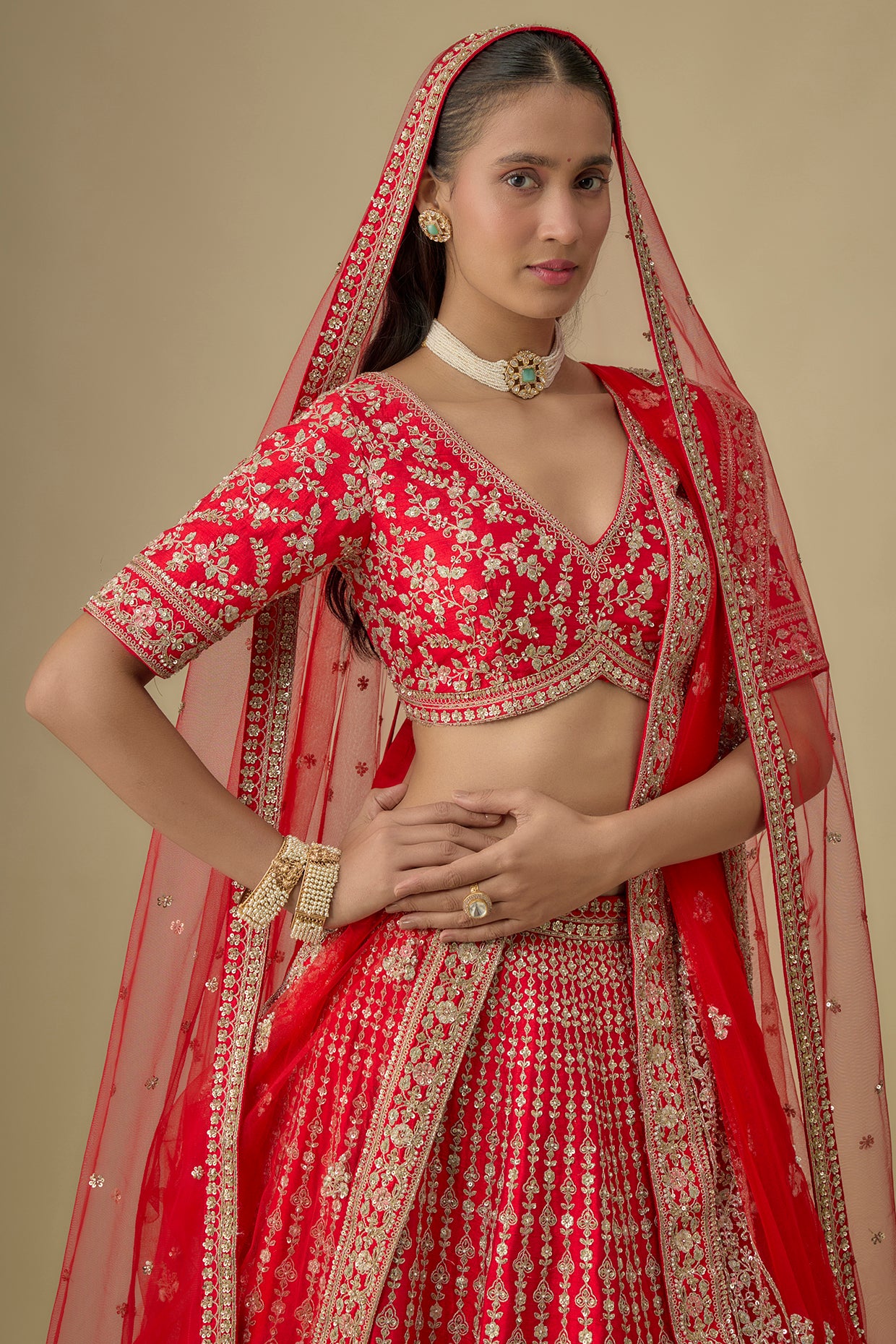 red raw silk zardosi embroidered lehenga set