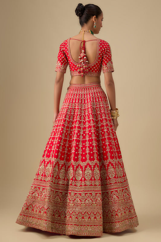 red raw silk zardosi embroidered lehenga set