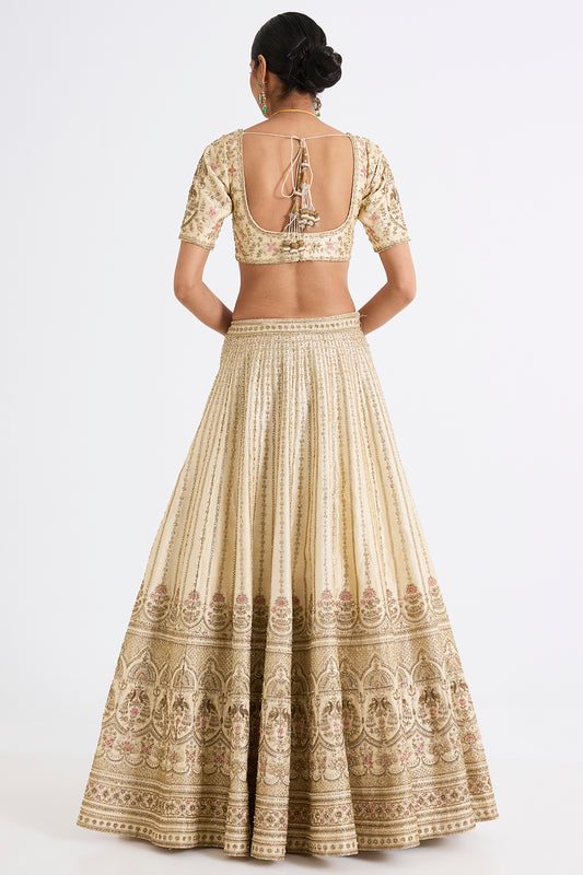 ivory raw silk zari hand & machine embroidered lehenga set
