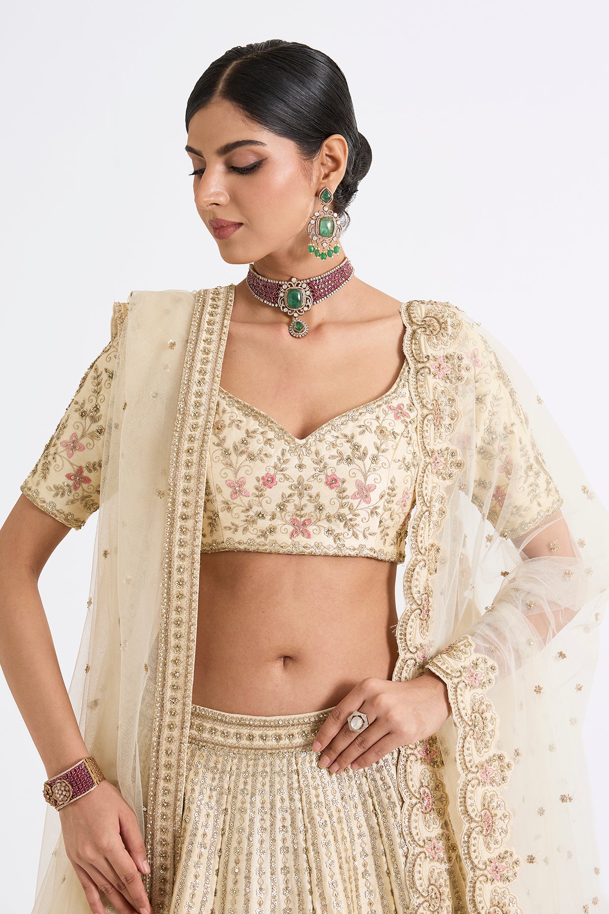 ivory raw silk zari hand & machine embroidered lehenga set