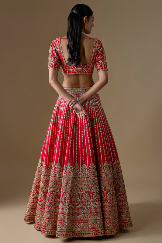 red raw silk zardosi hand embroidered lehenga set