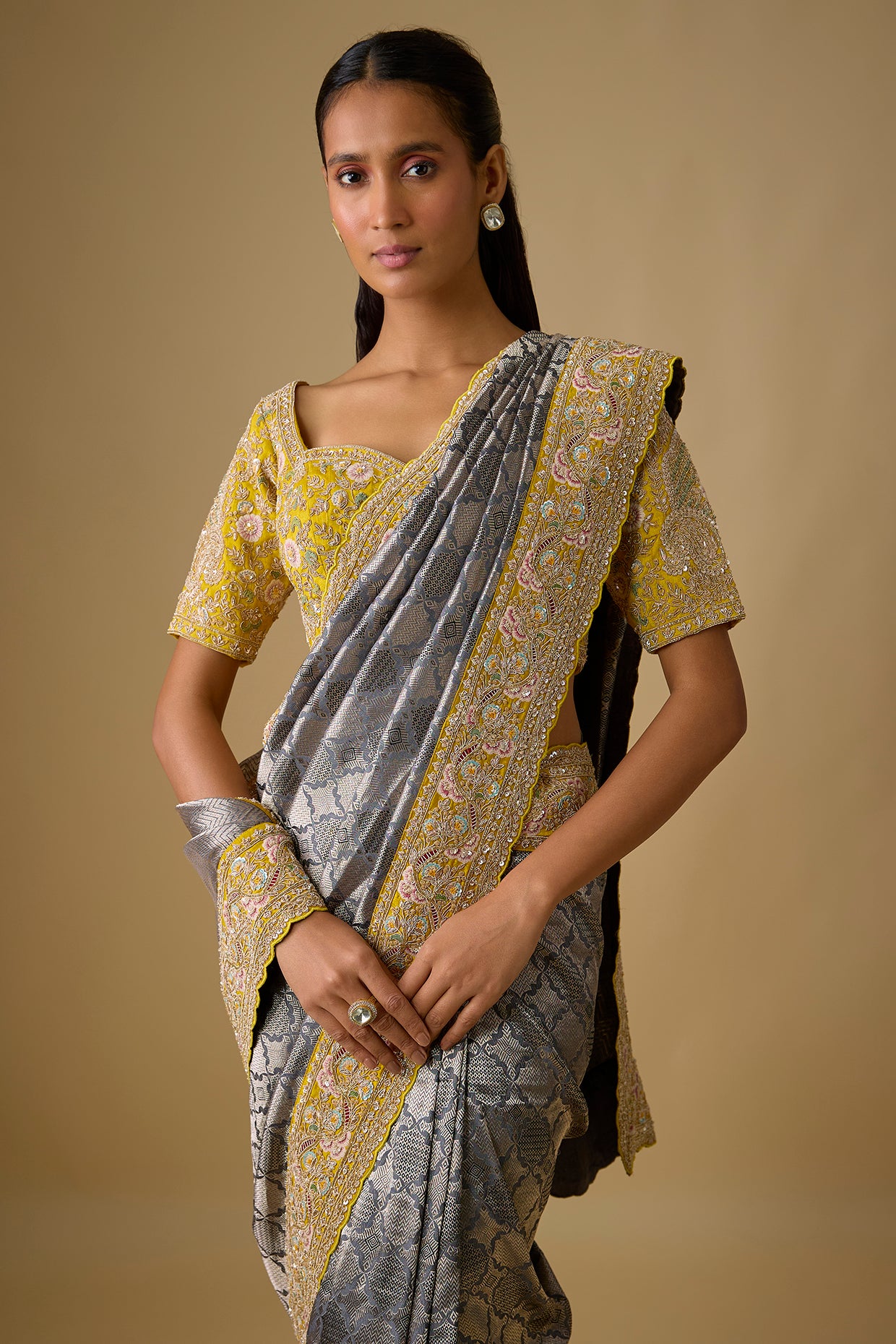 dark grey banarasi silk zardosi embroidered saree set