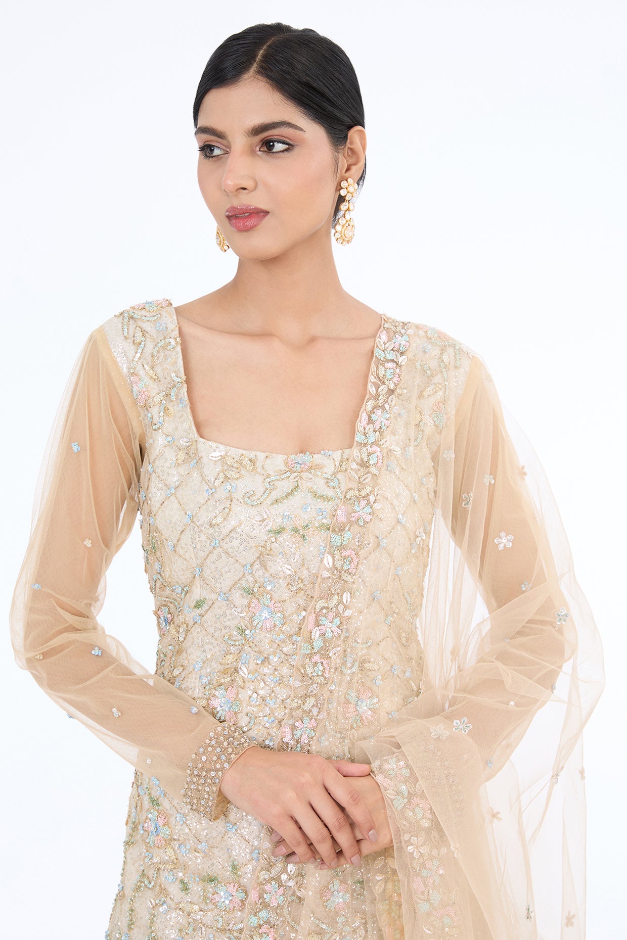 grey net hand embroidered sharara set