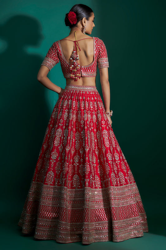 red raw silk zari hand & machine embroidered lehenga set