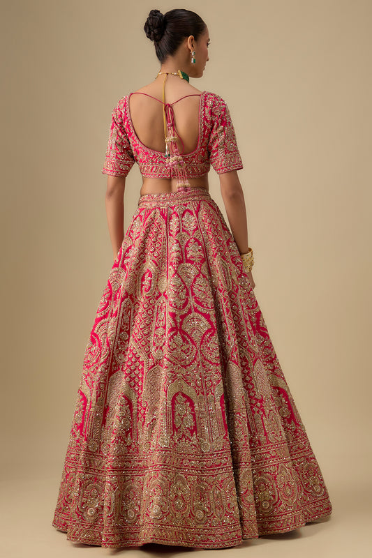 rani pink raw silk hand & machine embroidered lehenga set