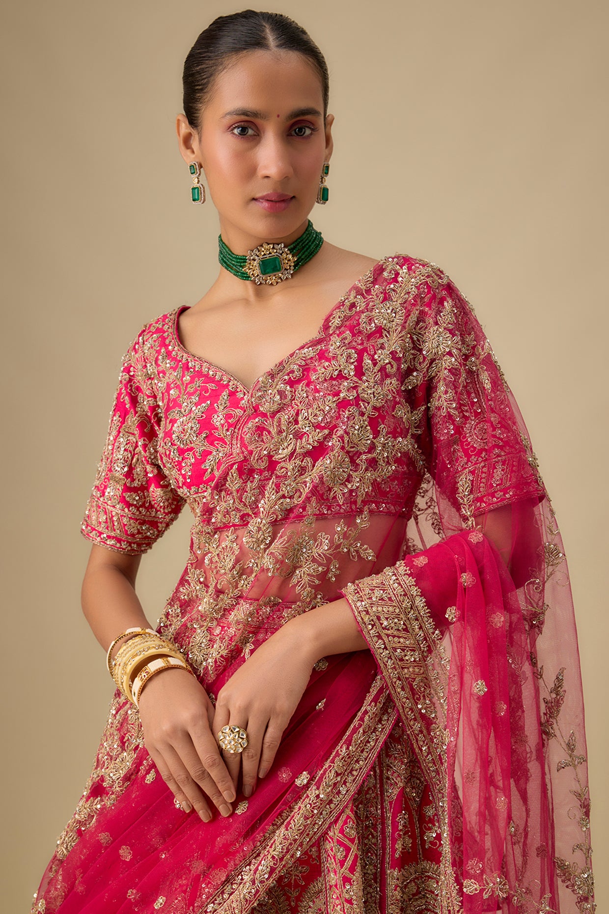 rani pink raw silk hand & machine embroidered lehenga set