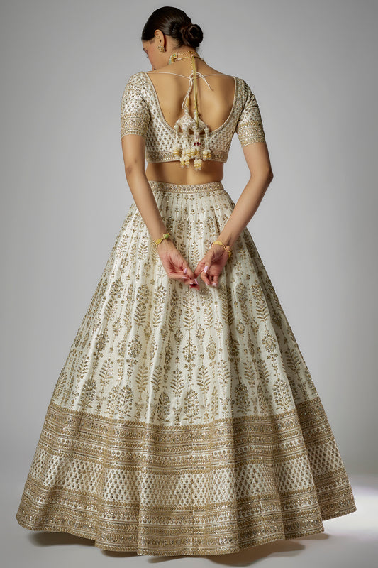 ivory raw silk embroidered lehenga set