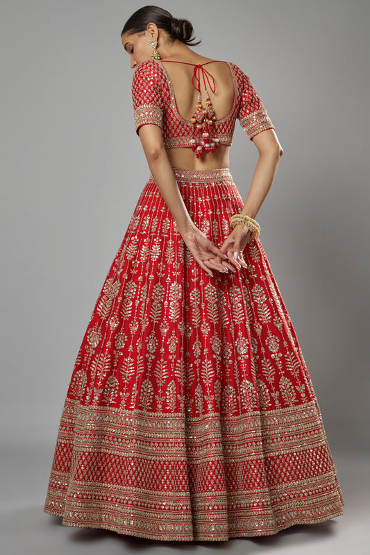 red raw silk embroidered lehenga set