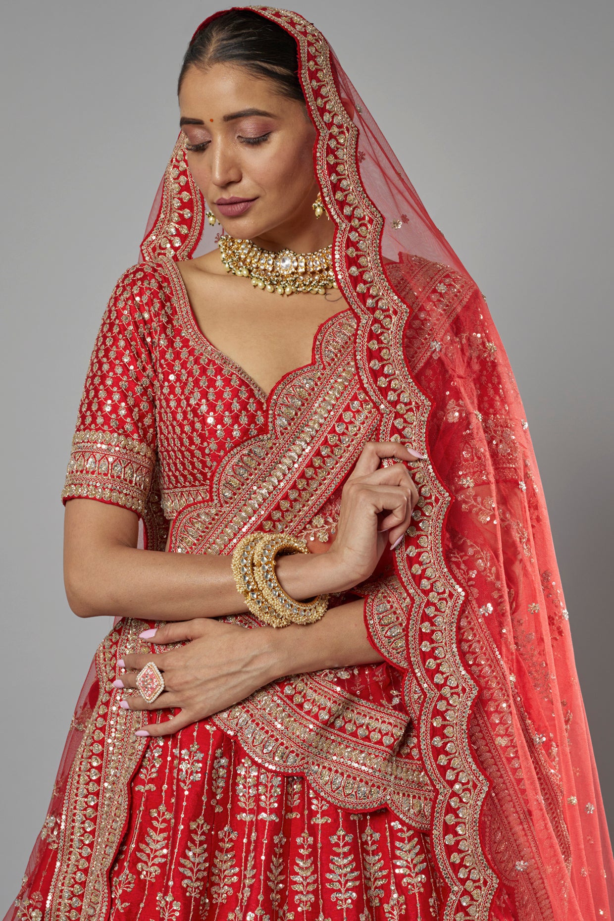 red raw silk embroidered lehenga set