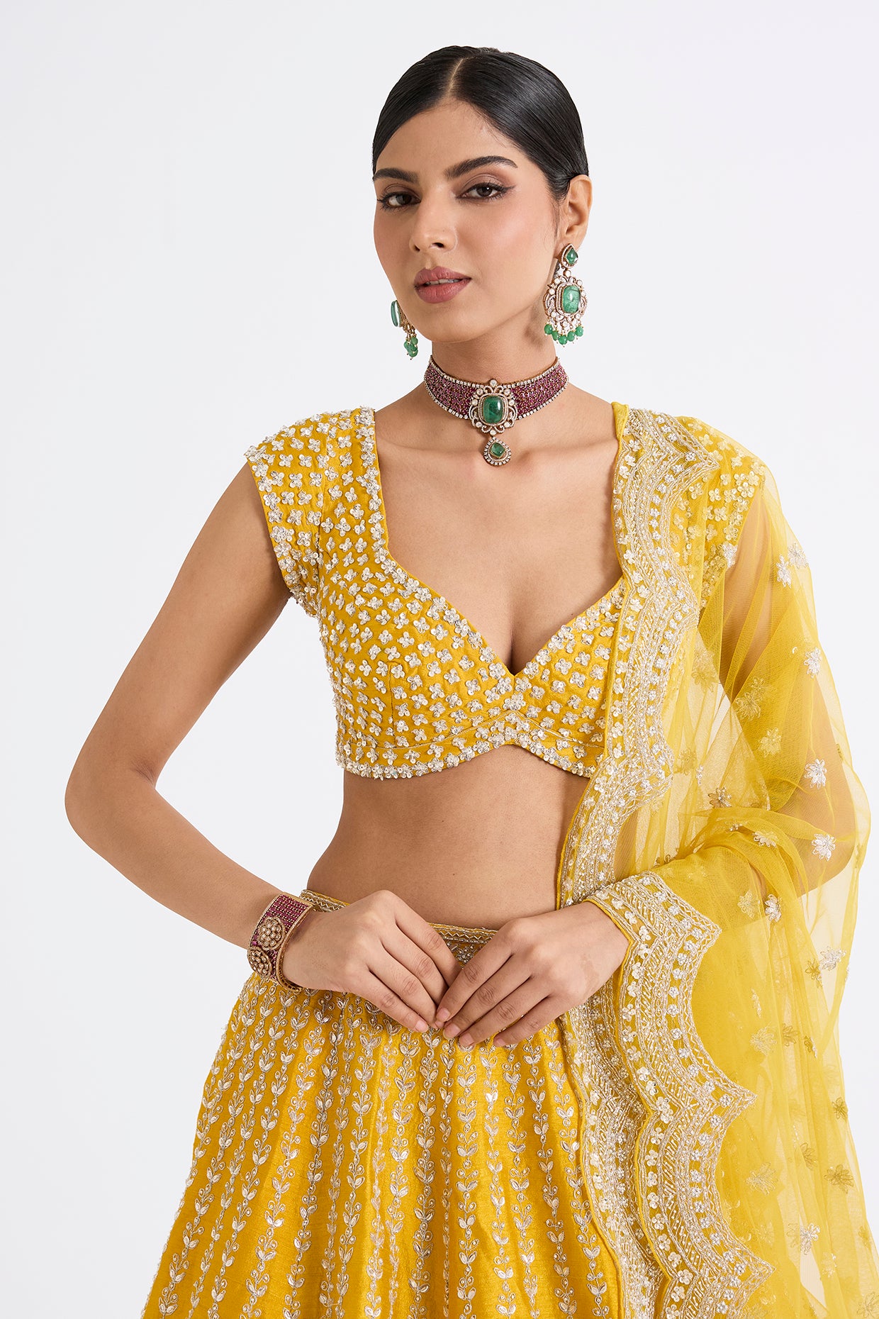 yellow raw silk zari hand & machine embroidered lehenga set