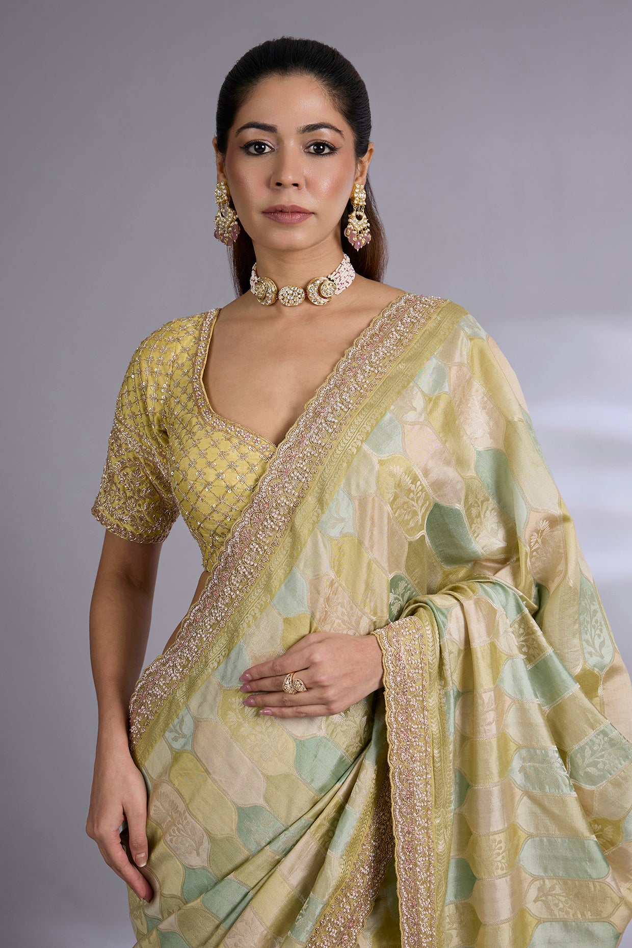 olive banarasi saree set