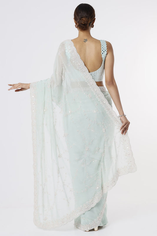 powder blue embroidered saree set