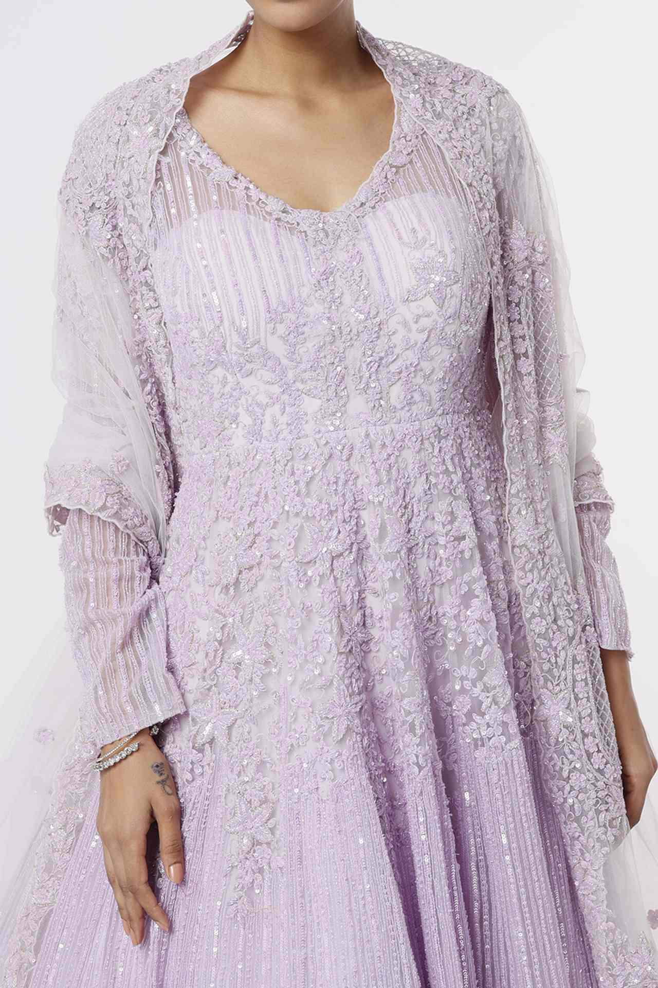 mauve hand embroidered gown with dupatta