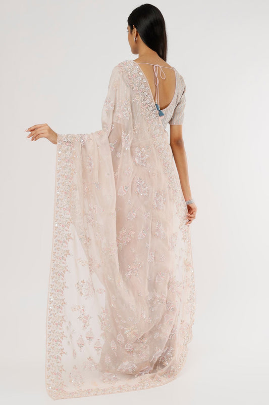 peach organza embellished saree set