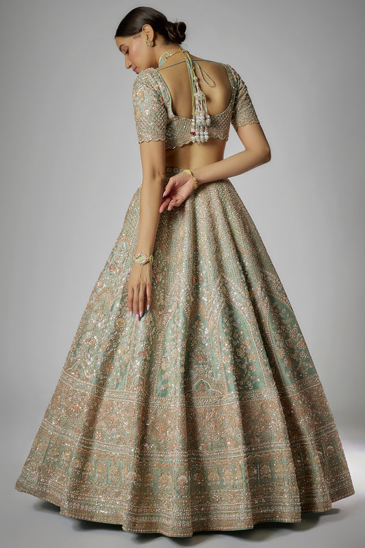 aqua raw silk embroidered lehenga set