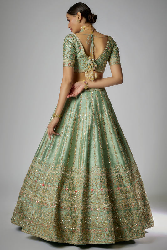sea green raw silk embroidered lehenga set