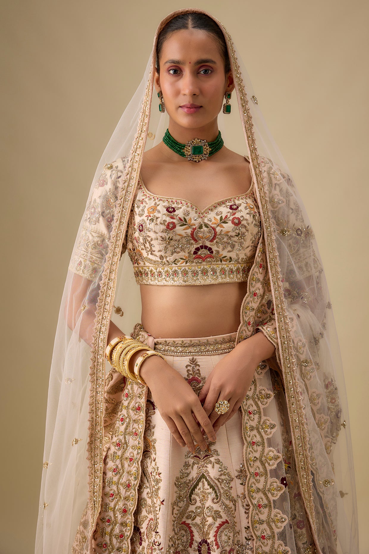 peach raw silk hand & machine embroidered lehenga set