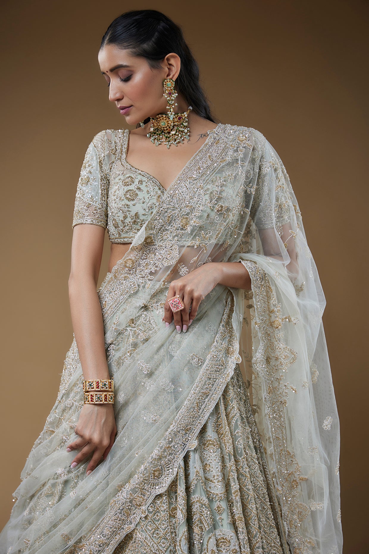 ivory organza embroidered lehenga set