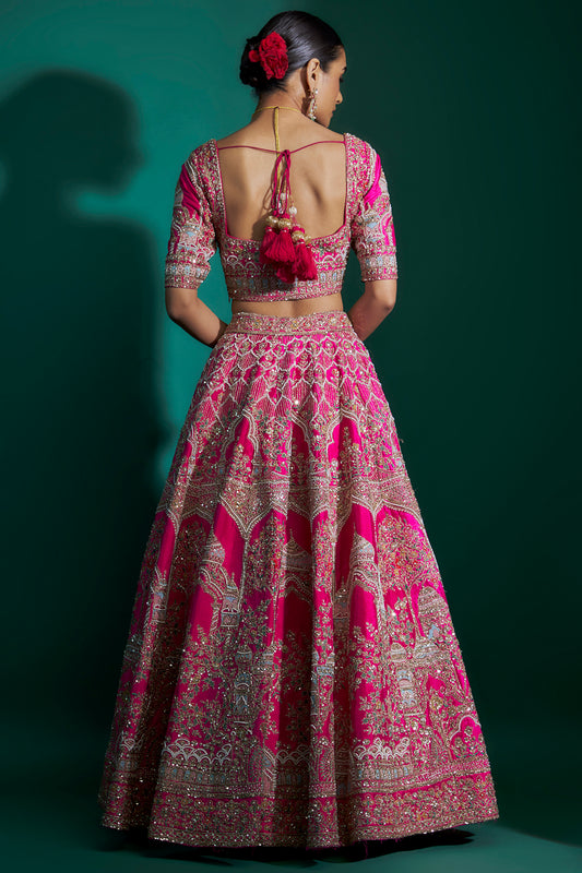 fuchsia raw silk cutdana hand & machine embroidered lehenga set