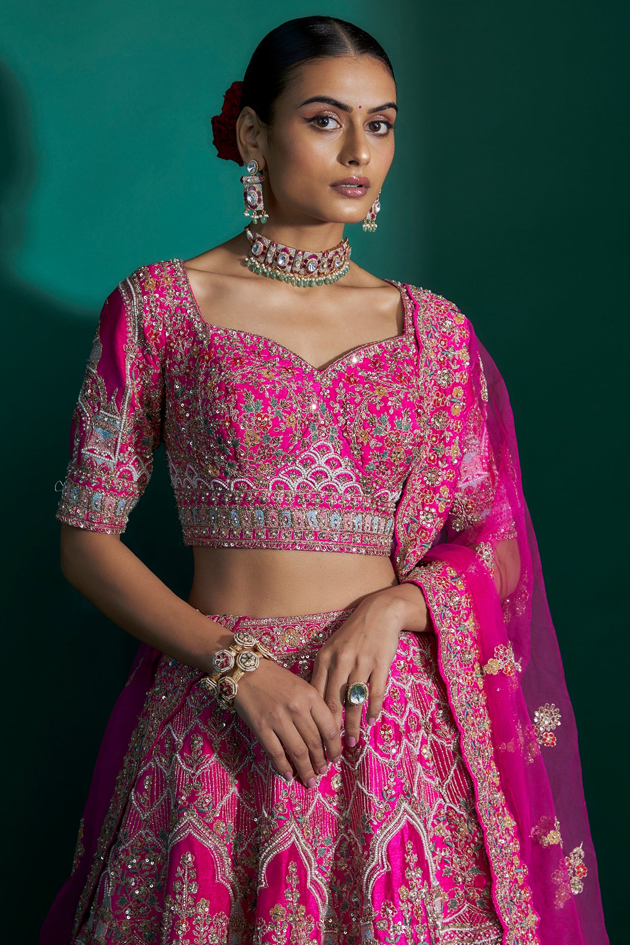 fuchsia raw silk cutdana hand & machine embroidered lehenga set
