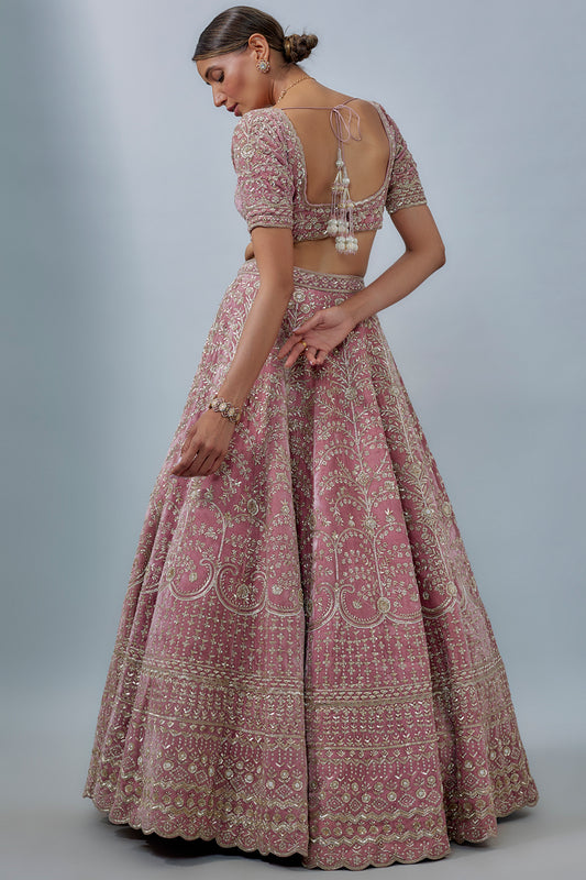 mauve velvet hand embroidered lehenga set