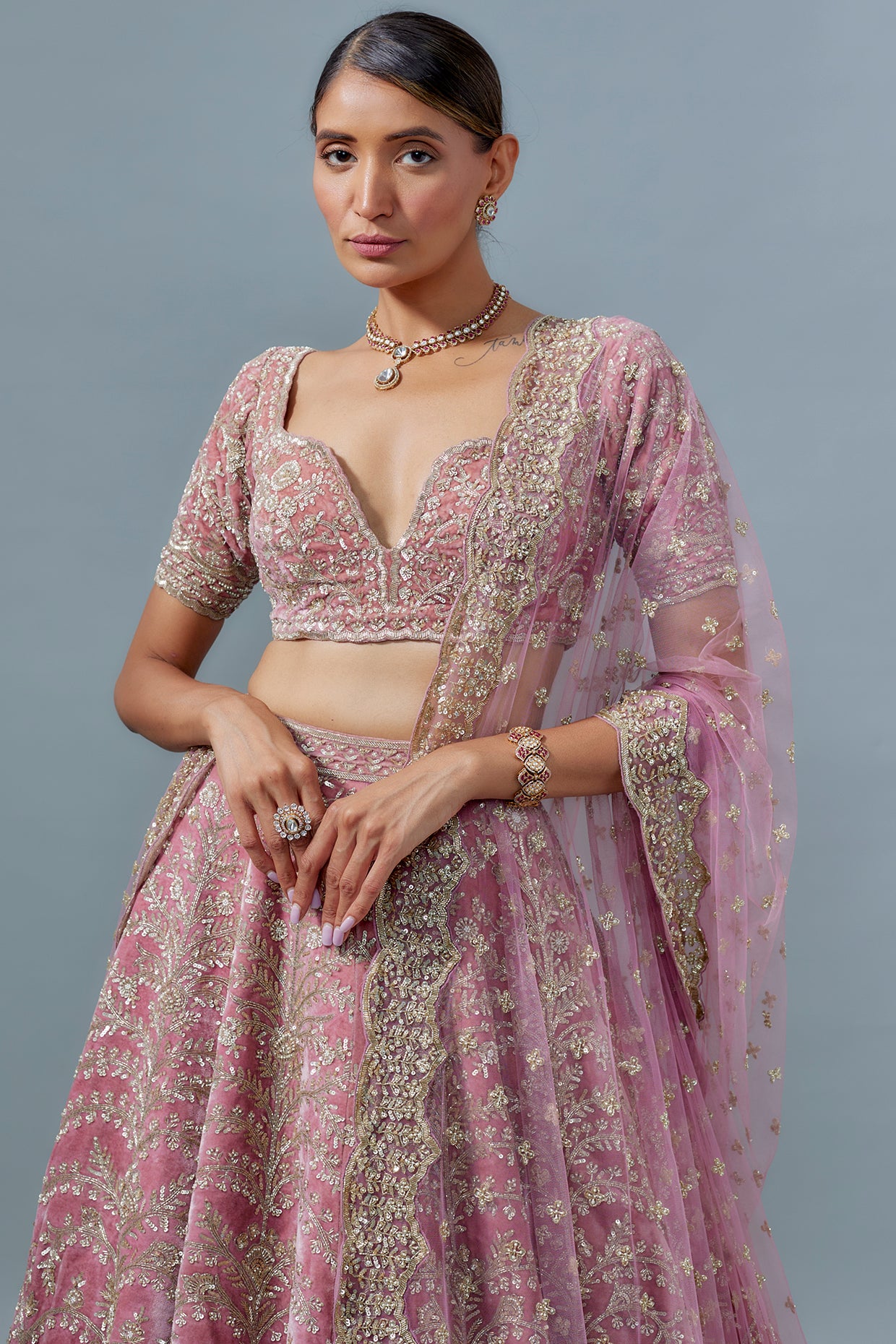 mauve velvet hand embroidered lehenga set