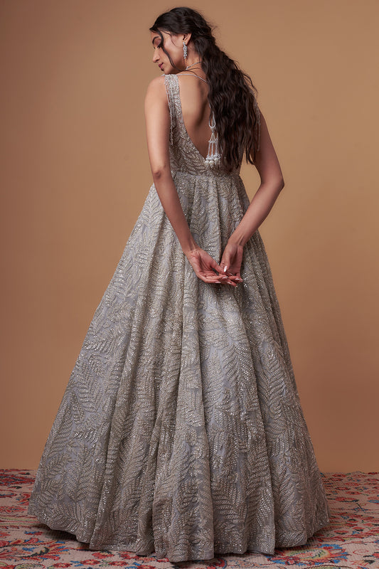 grey organza sequins & cutdana embellished gown with dupatta