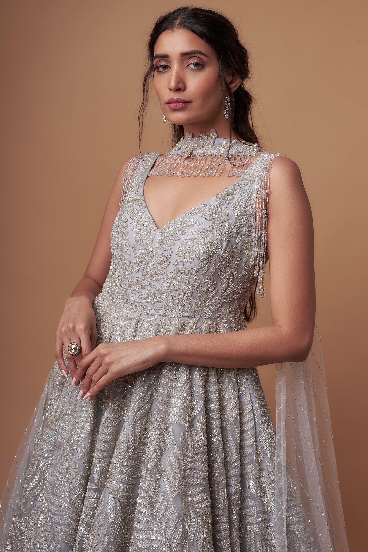 grey organza sequins & cutdana embellished gown with dupatta