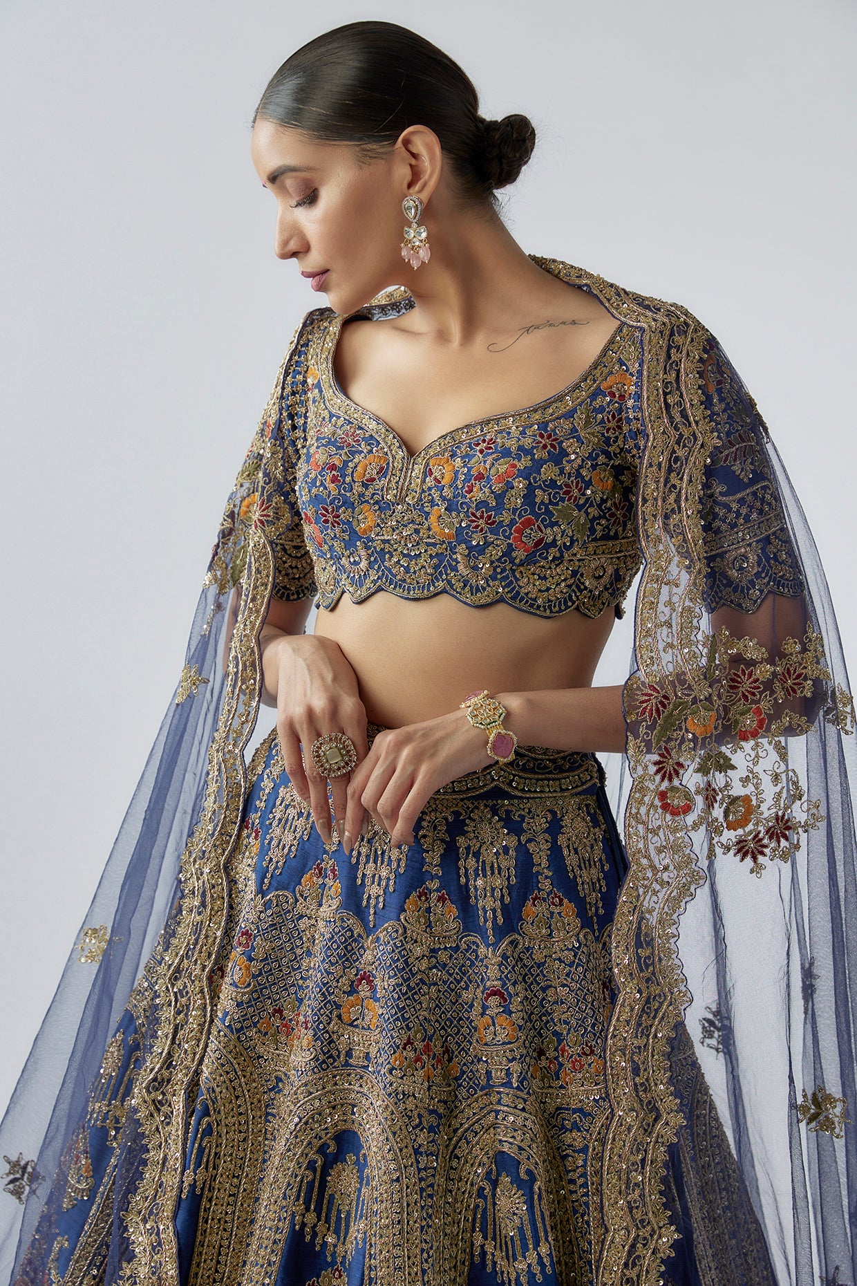 navy blue raw silk embellished lehenga set