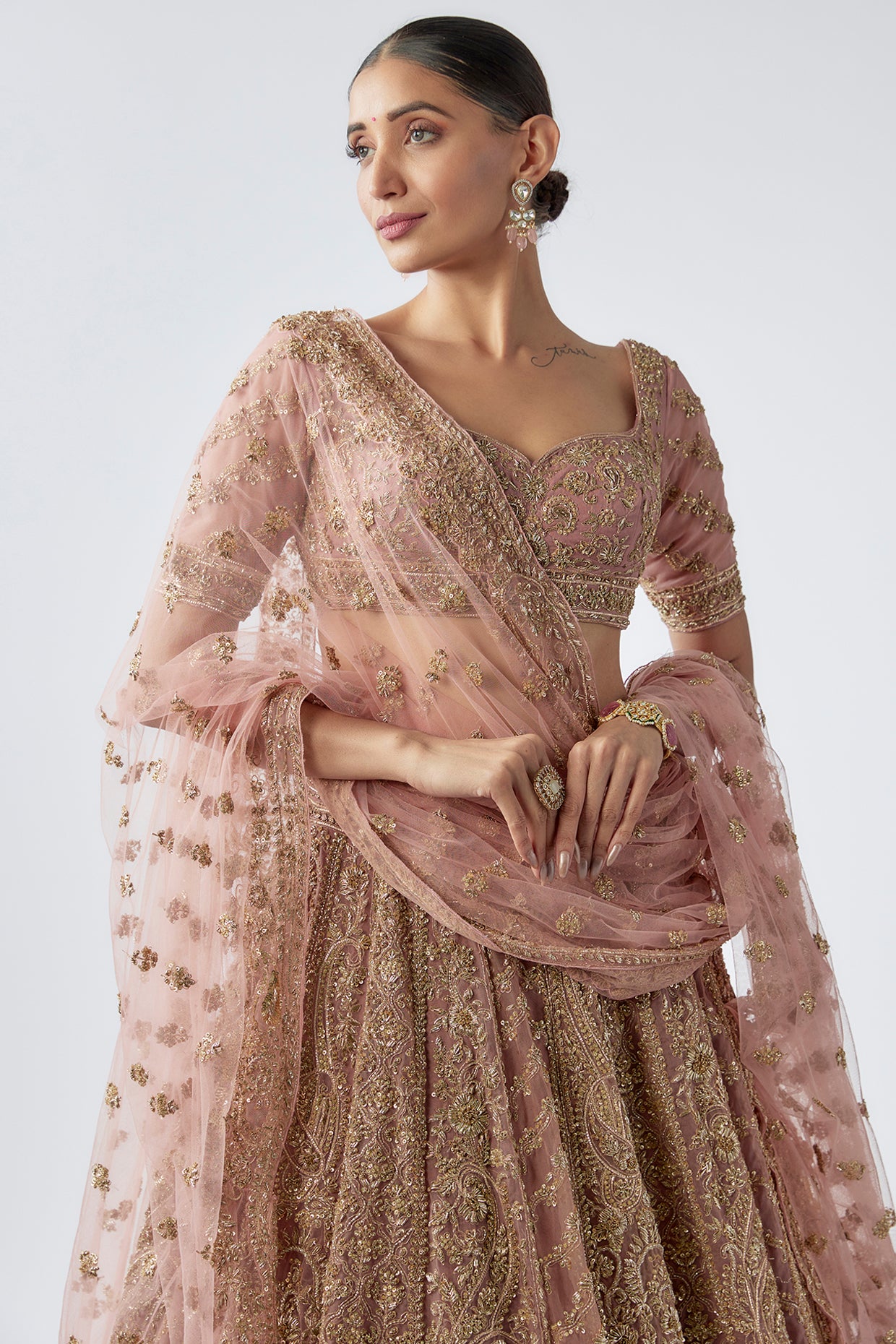 peach organza embellished lehenga set
