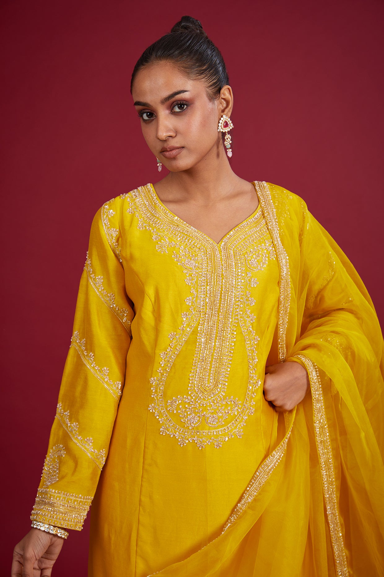mustard chanderi sequins embroidered kurta set