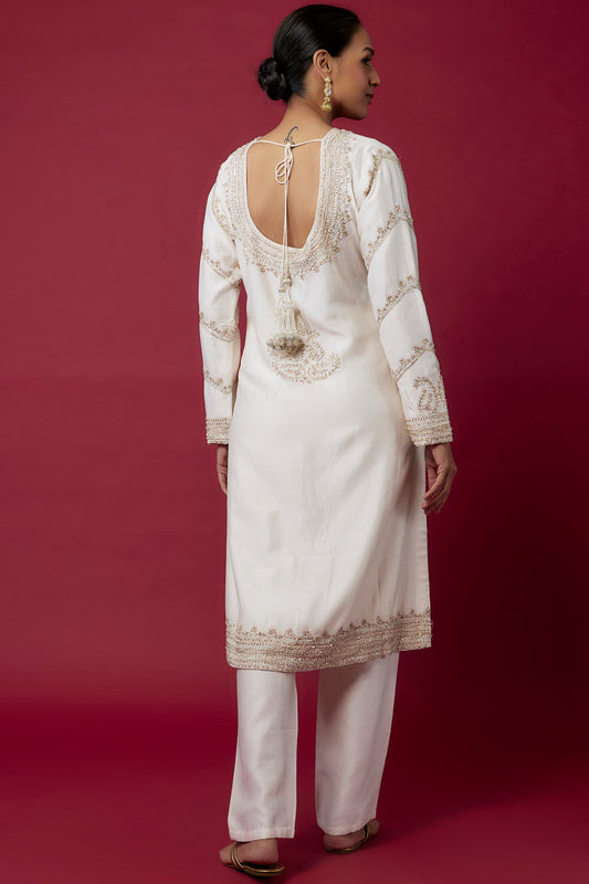 Ivory Chanderi Hand & Machine Embroidered Kurta Set