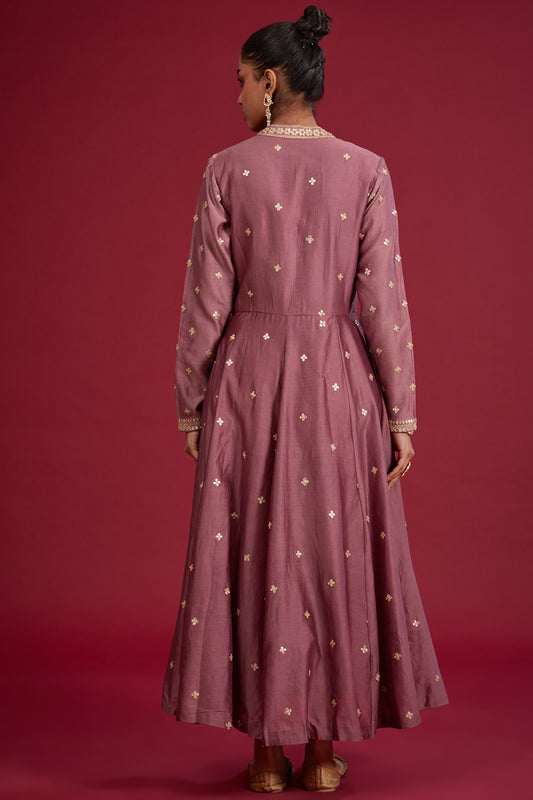 Mauve chanderi sequins embroidered gown with dupatta