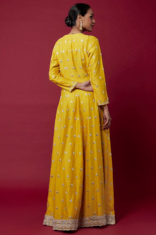 yellow chanderi hand & machine embroidered anarkali set