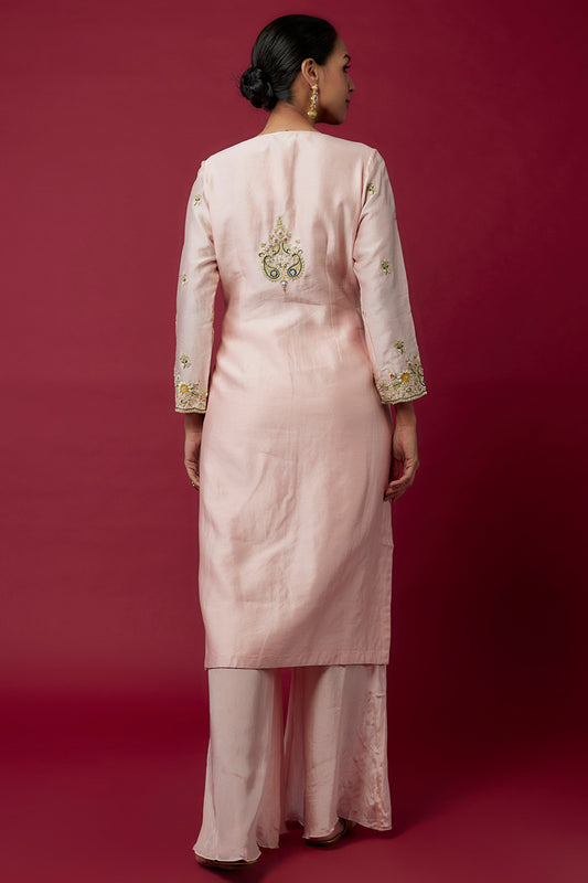 Pink Chanderi Hand & Machine Embroidered Kurta Set