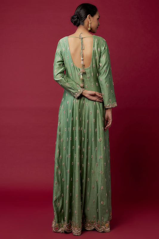 green chanderi hand & machine embroidered anarkali set