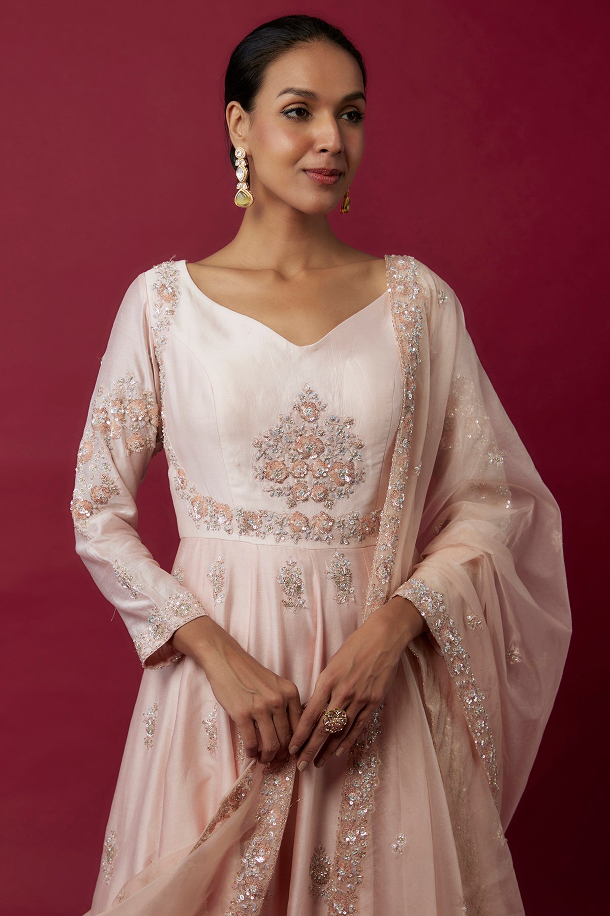 pink chanderi hand & machine embroidered anarkali set