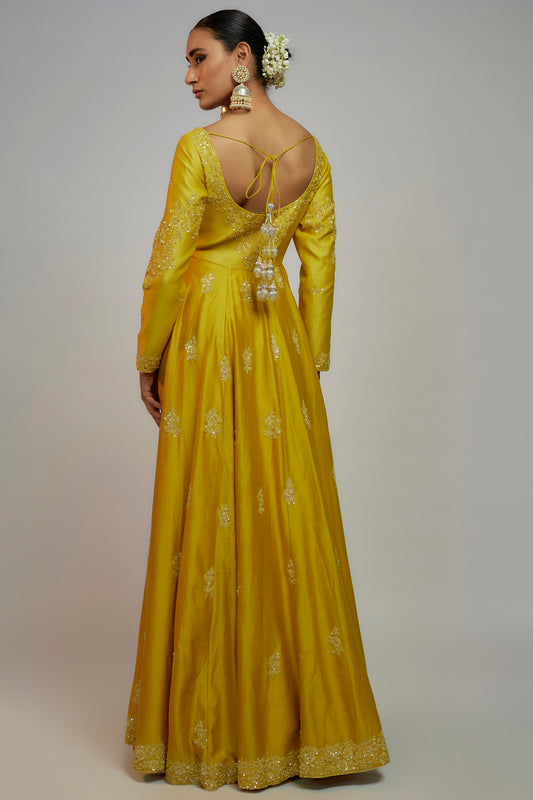 yellow chanderi sequins embroidered anarkali set