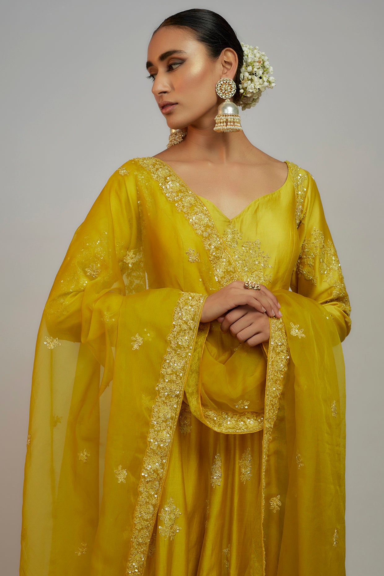 yellow chanderi sequins embroidered anarkali set