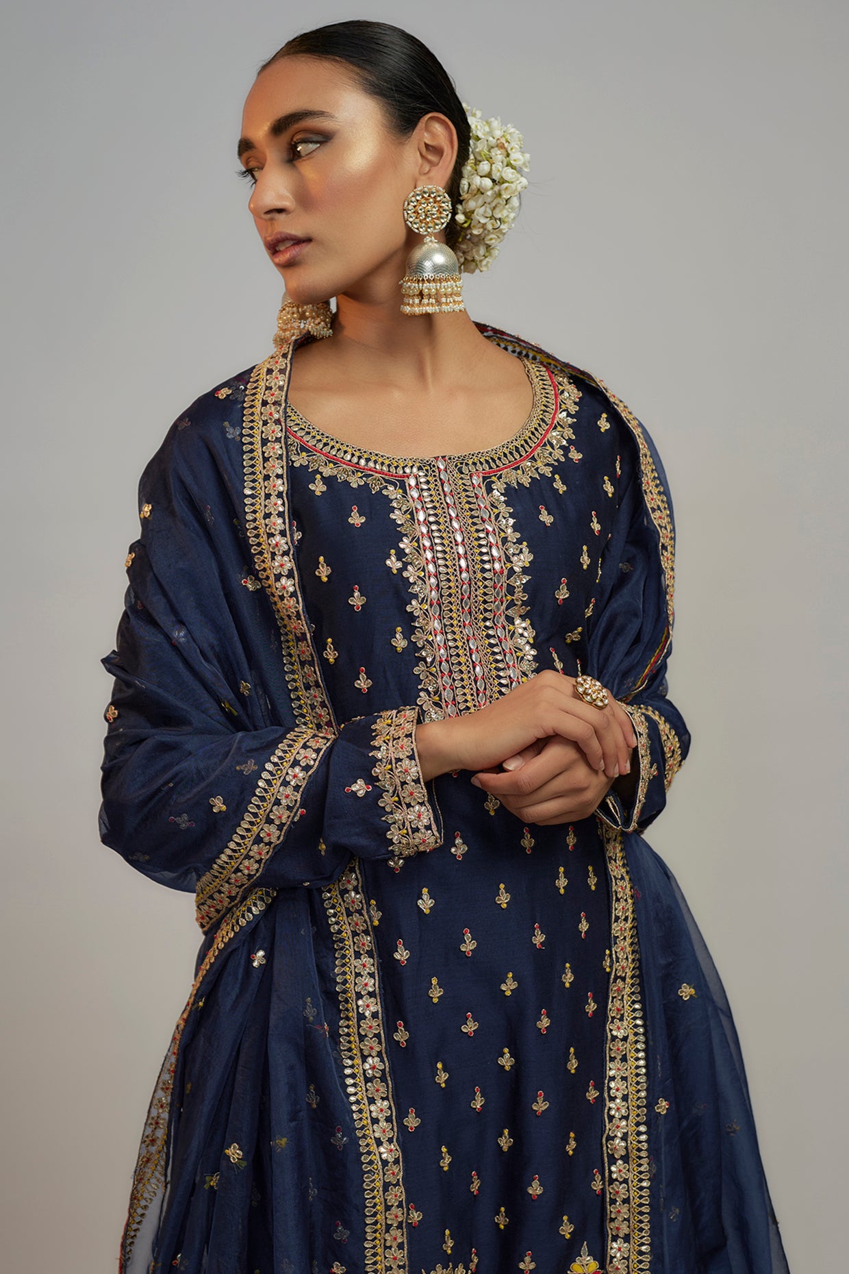 Navy Blue Chanderi Gota Embroidered Kurta Set