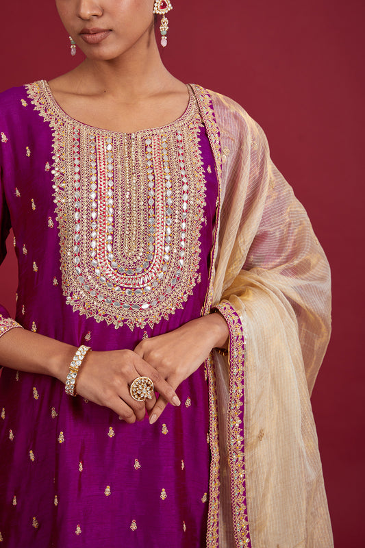 purple chanderi sequins embroidered kurta set