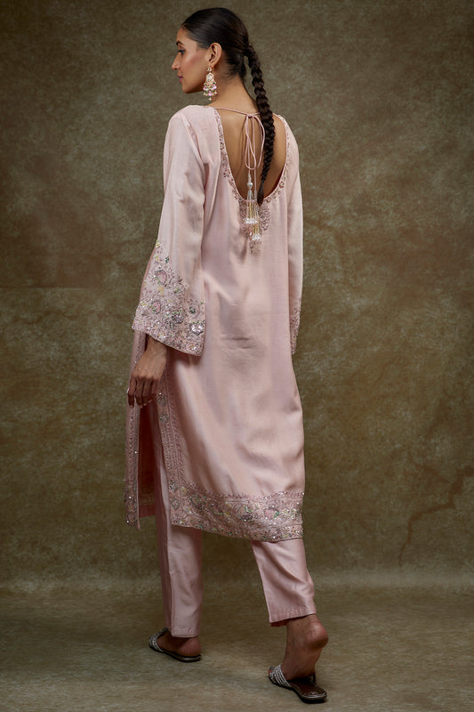 pink chanderi embroidered kurta set