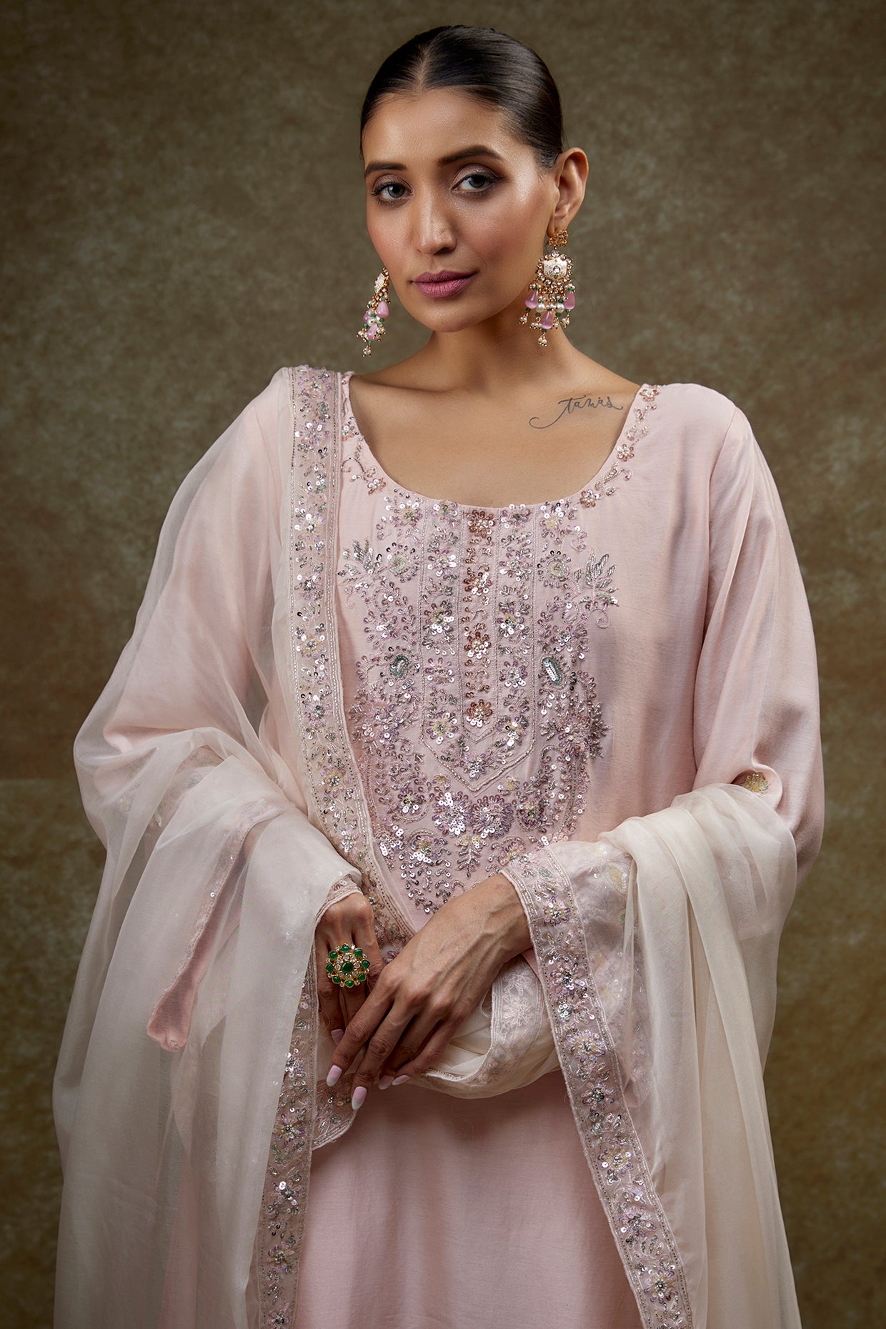 pink chanderi embroidered kurta set