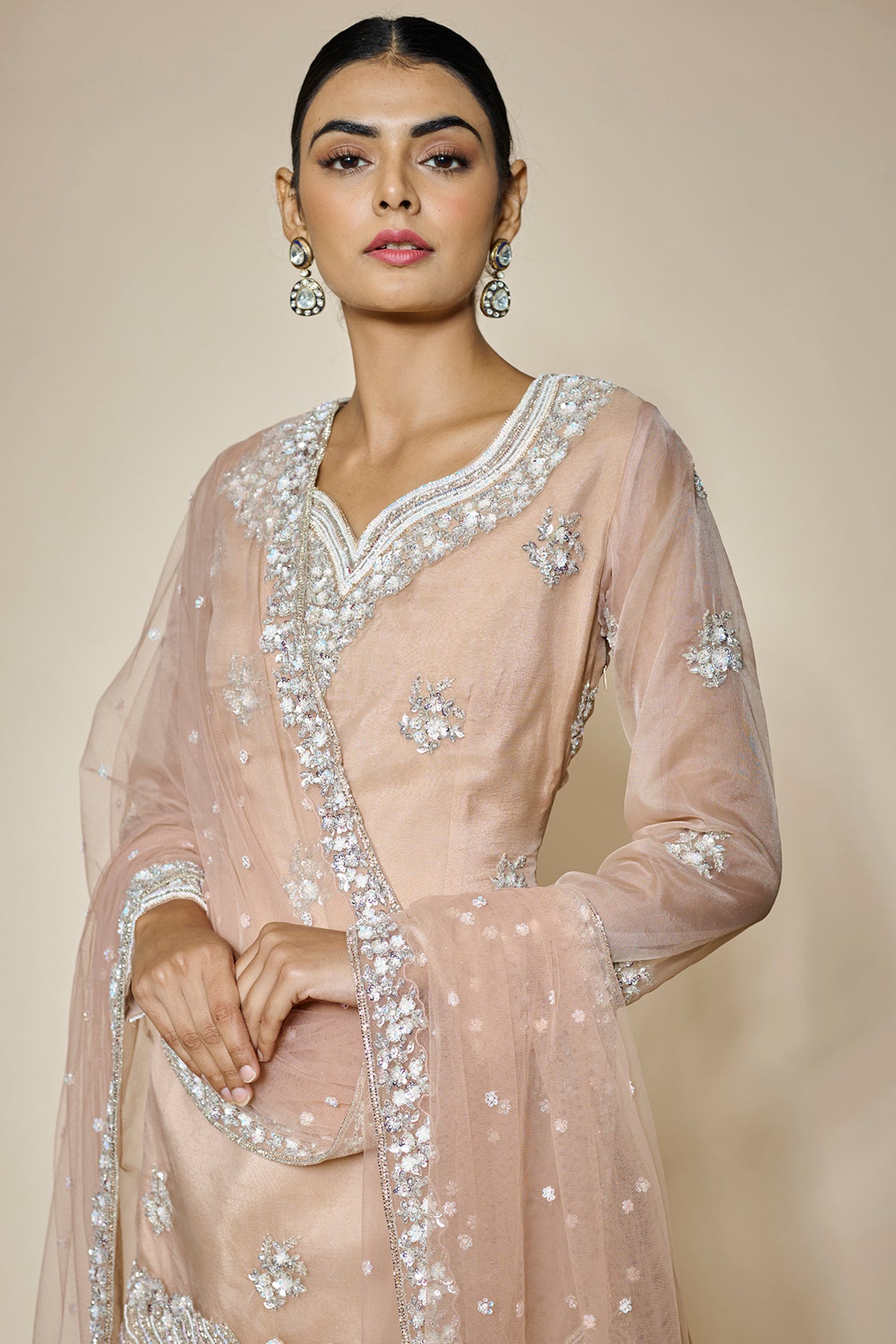 peach organza hand & machine embroidered sharara set