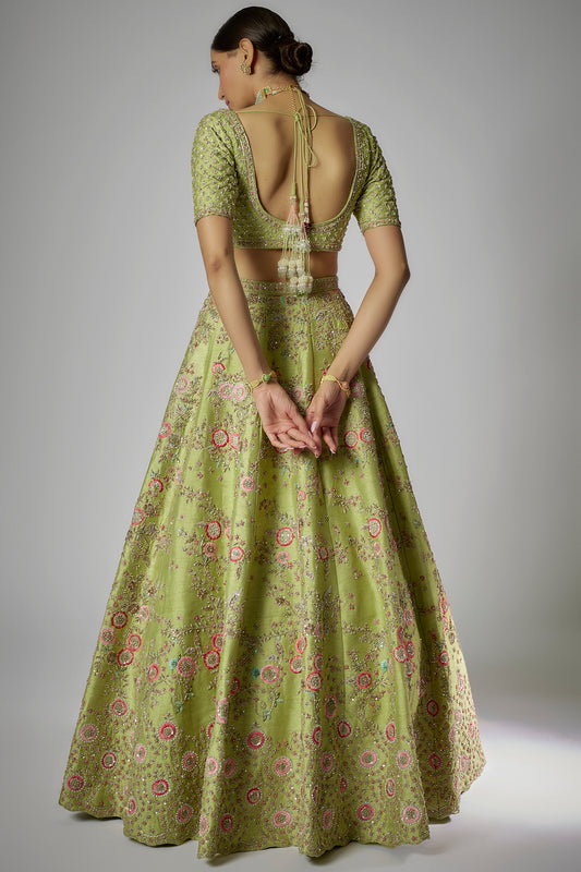 green raw silk embroidered lehenga set